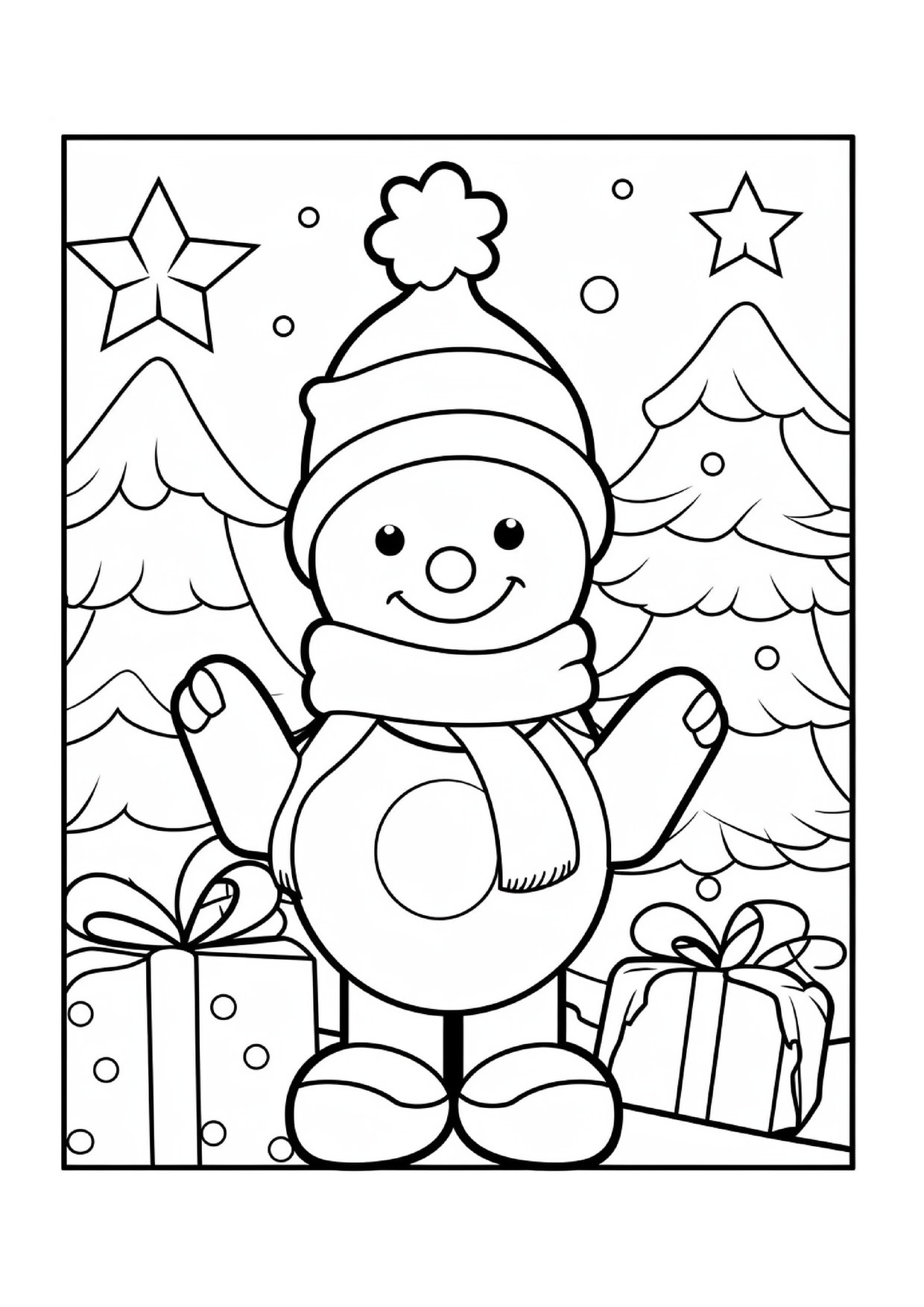 Coloriage bonhomme de neige cadeaux sapins