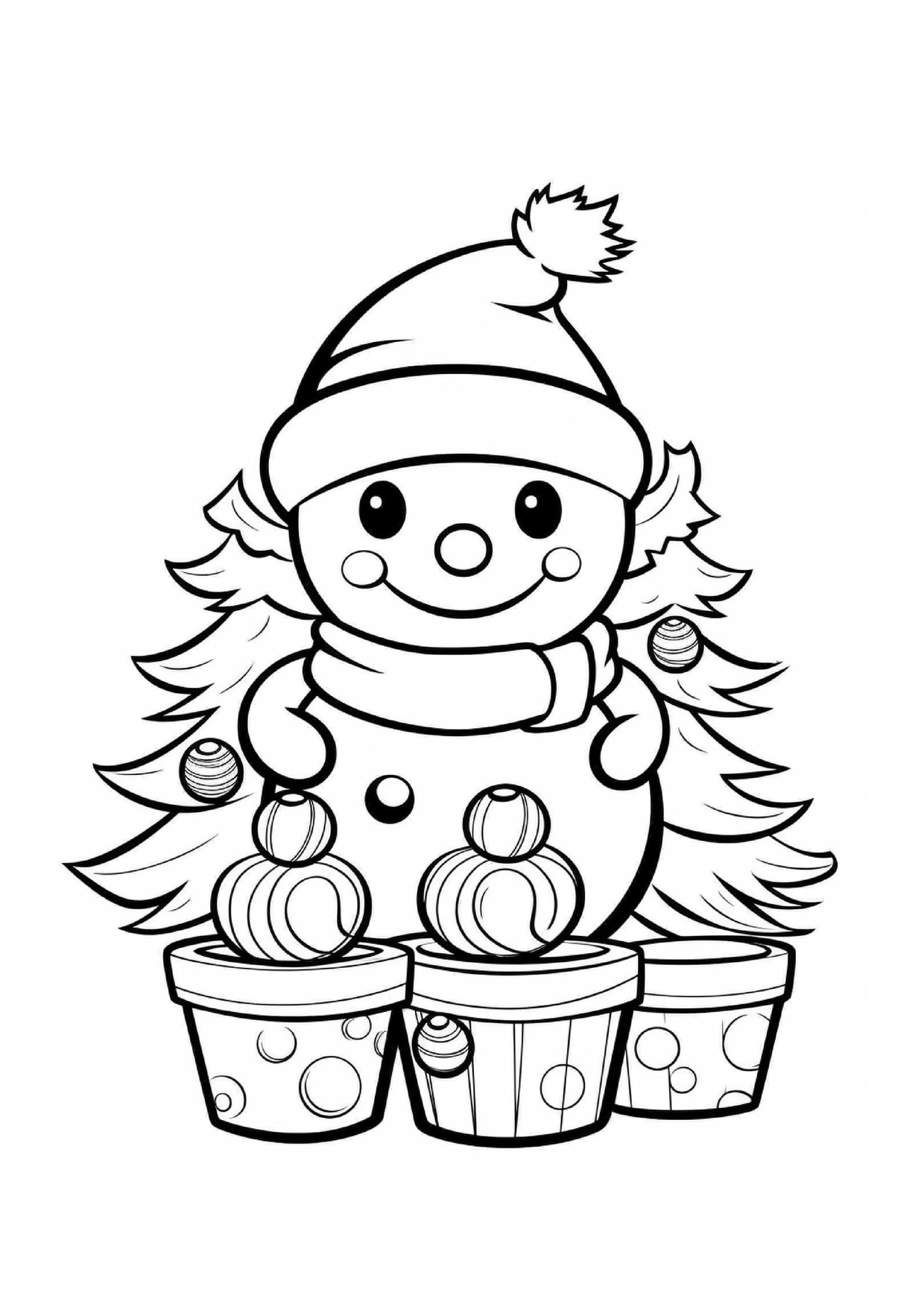 Coloriage bonhomme de neige paniers pres sapin
