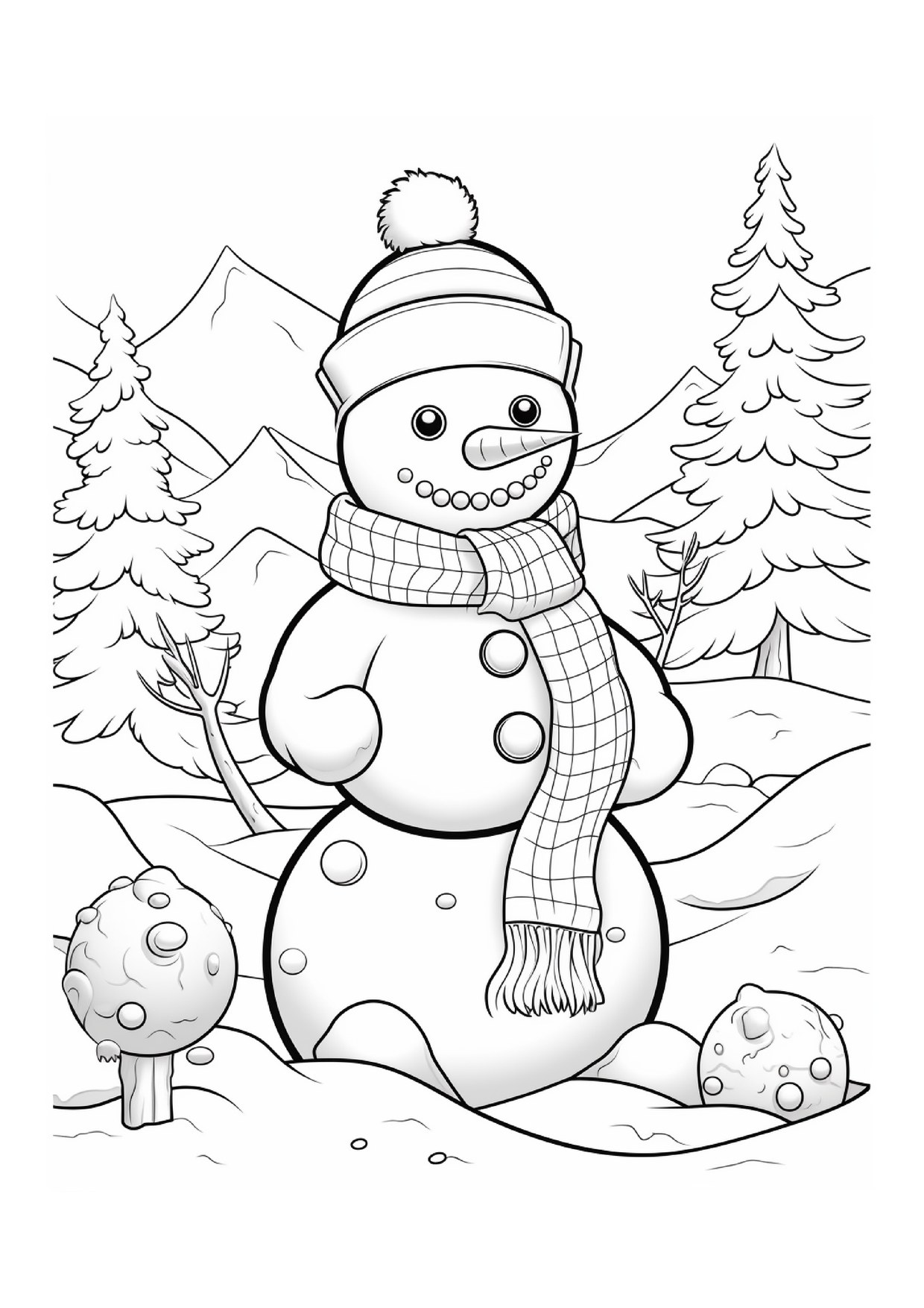 Coloriage bonhomme de neige paysage montagne