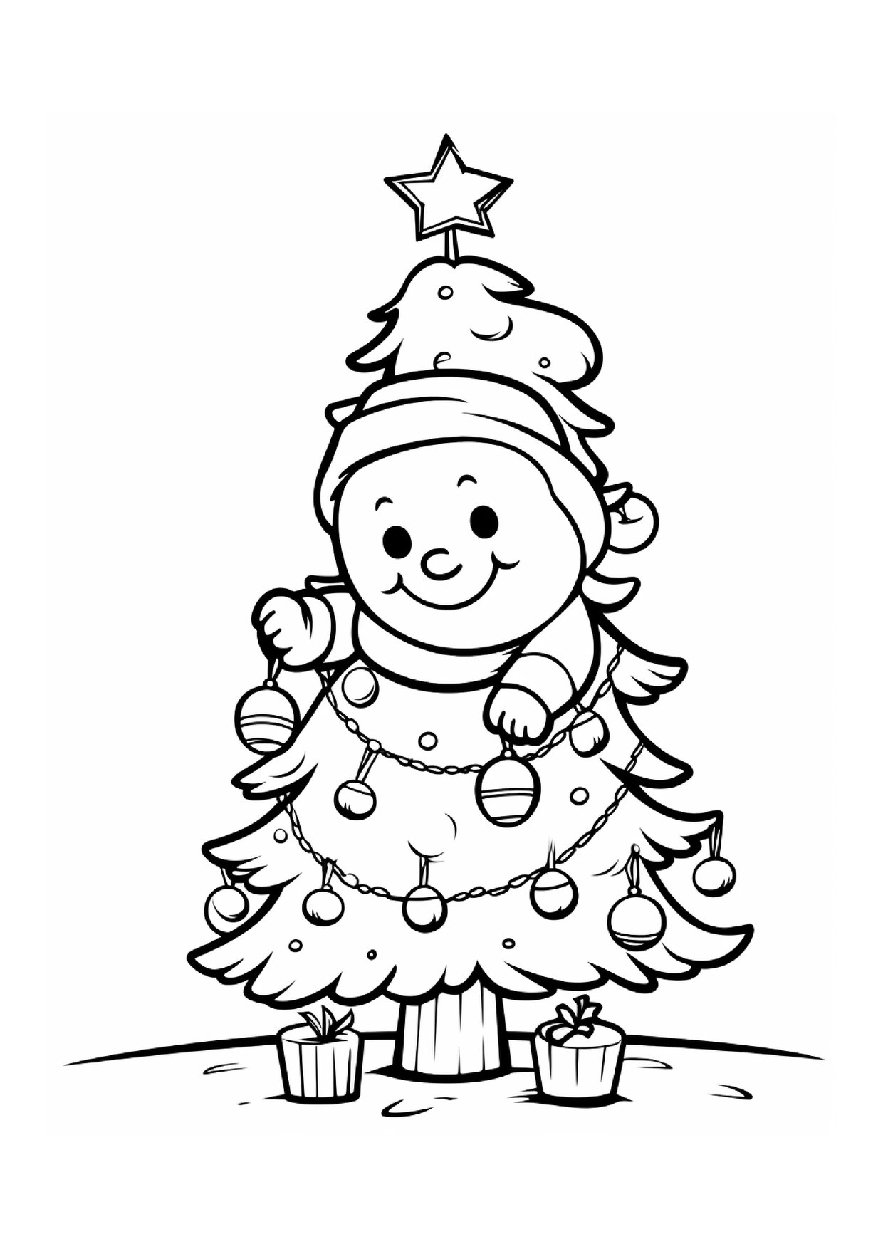 Coloriage bonhomme de neige pres du sapin