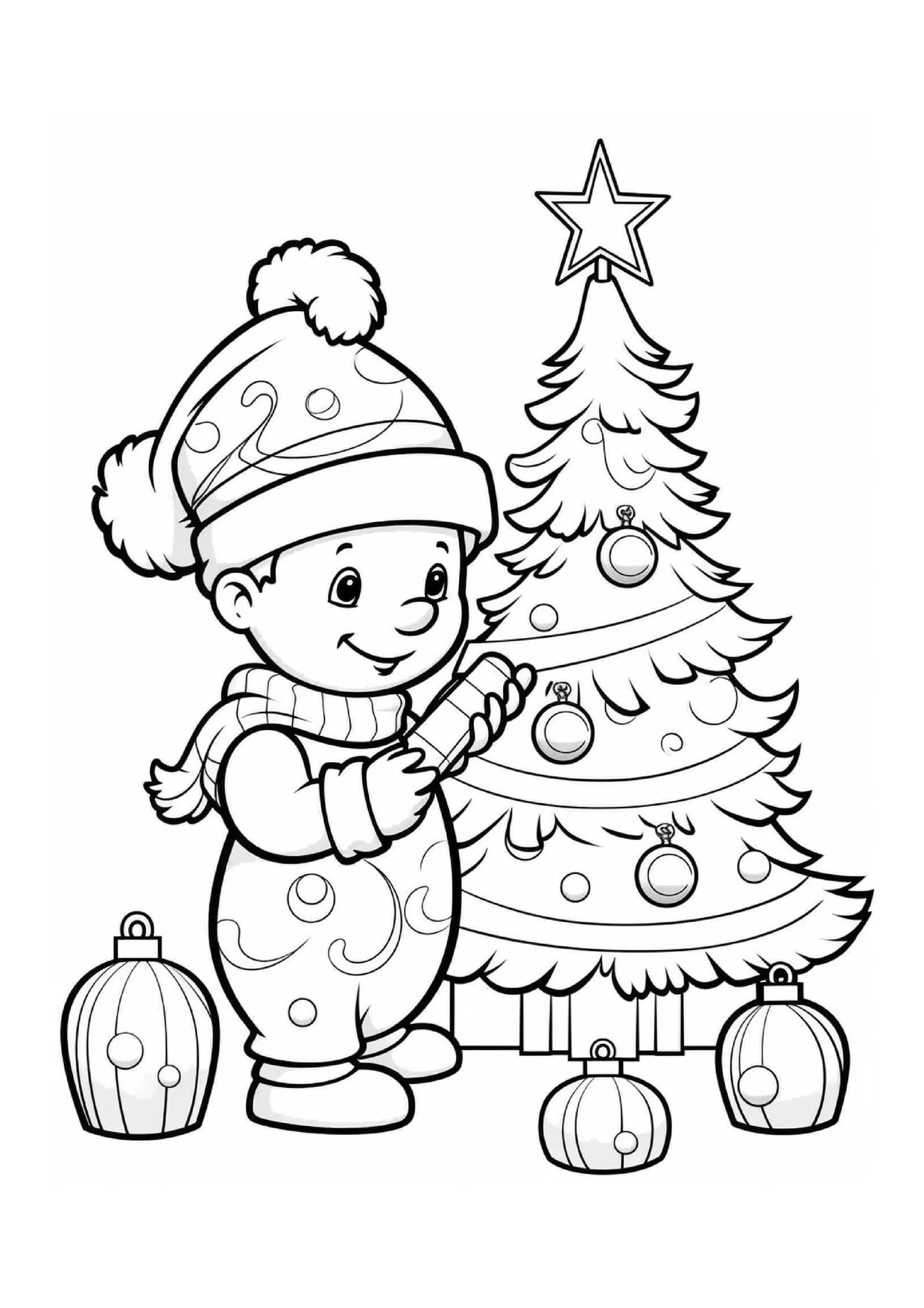 Coloriage bonhomme de neige pres sapin boules