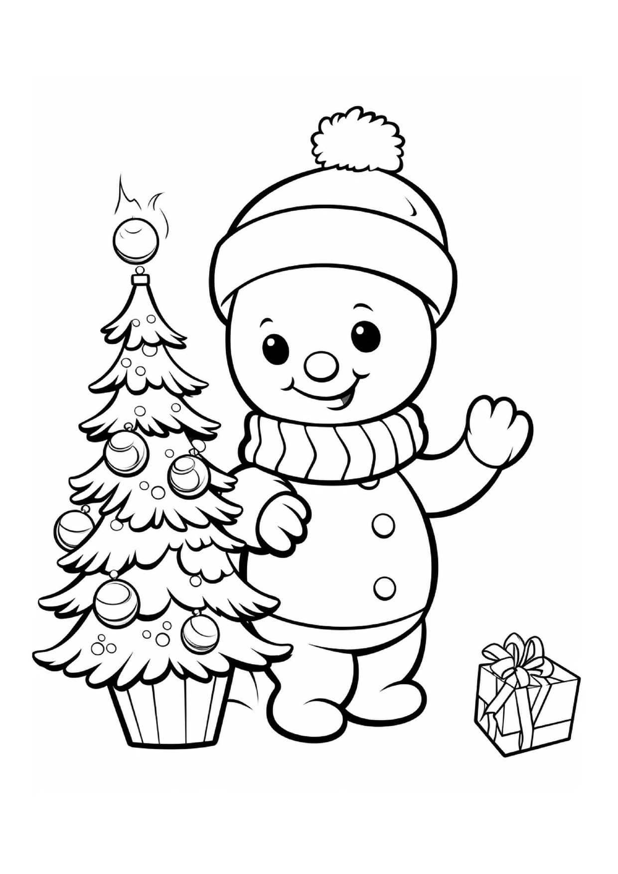 Coloriage bonhomme de neige salue pres sapin
