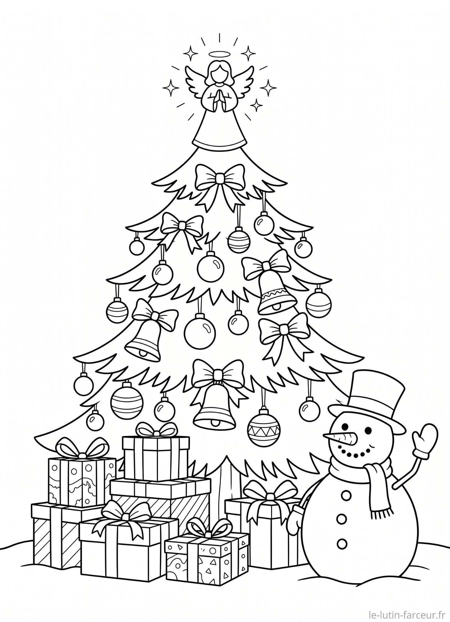 Coloriage de sapin de Noël avec ange et bonhomme de neige