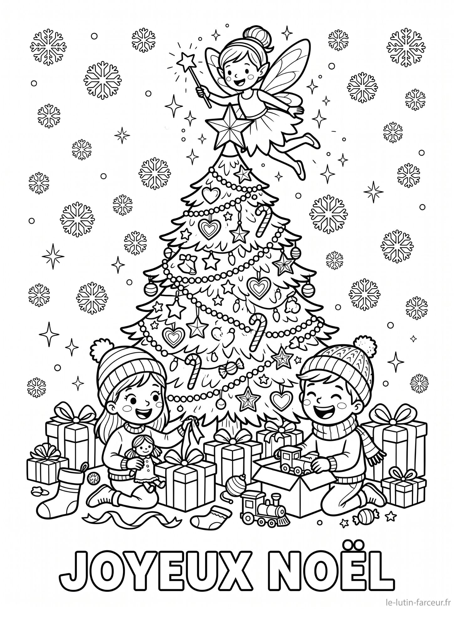 Coloriage de sapin de Noël avec fée et deux enfants, texte Joyeux Noël
