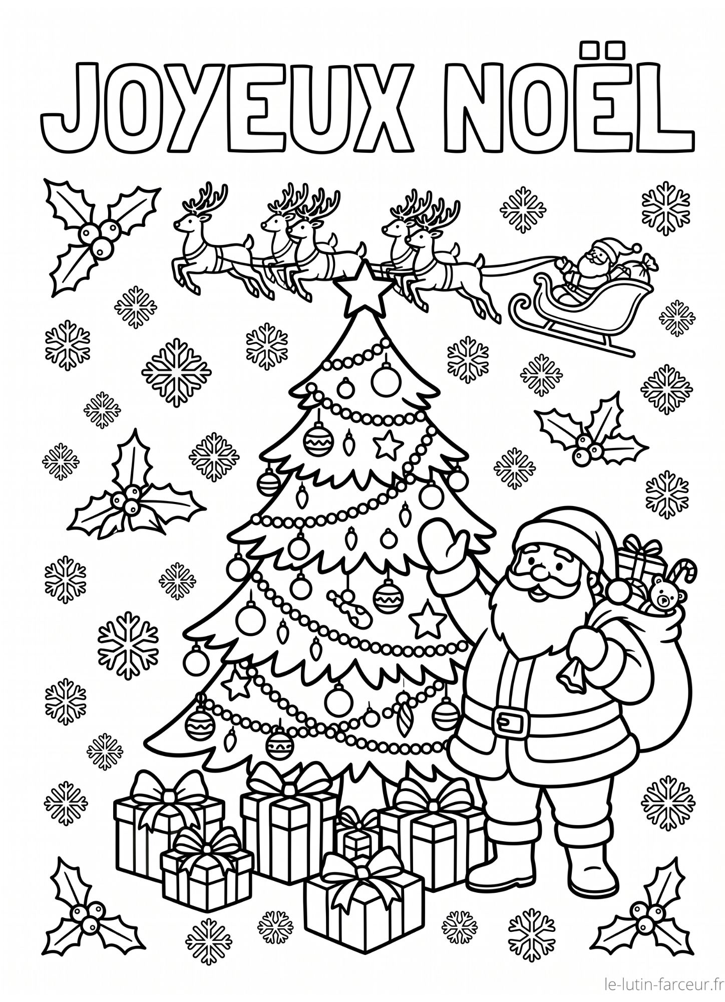 Coloriage de sapin de Noël avec Père Noël et traîneau, texte Joyeux Noël