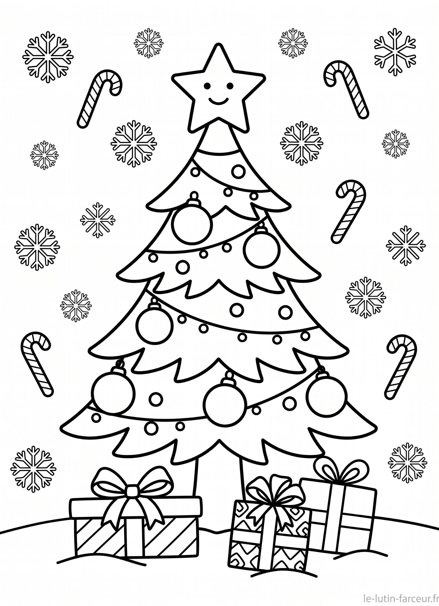 Coloriage de sapin de Noël avec étoile souriante, sucres d'orge et cadeaux