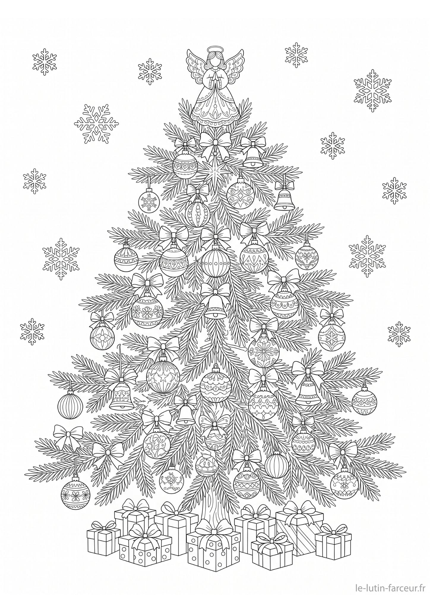 Coloriage de sapin de Noël décoré avec ange et flocons