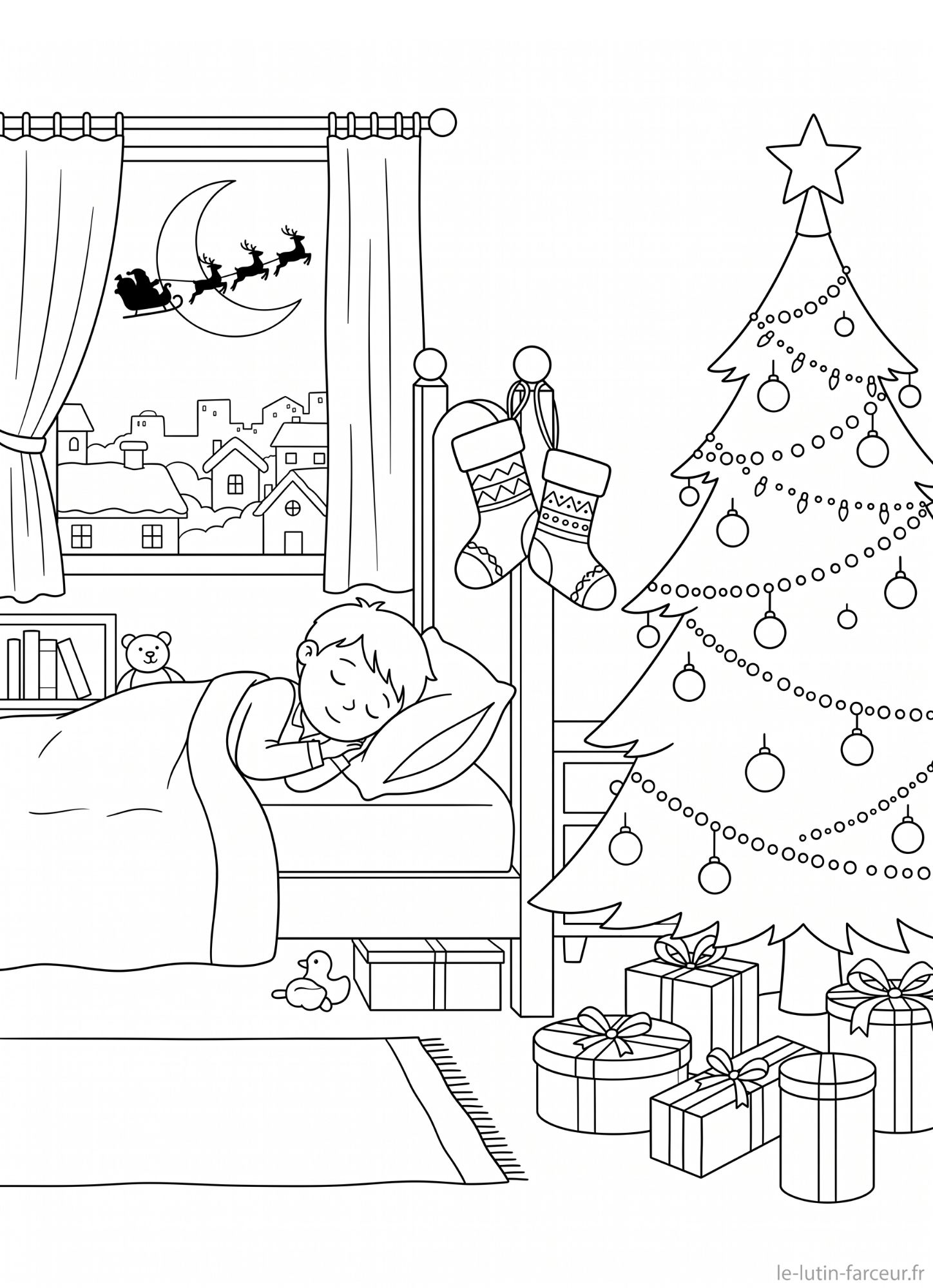 Coloriage de sapin de Noël dans une chambre d'enfant endormi