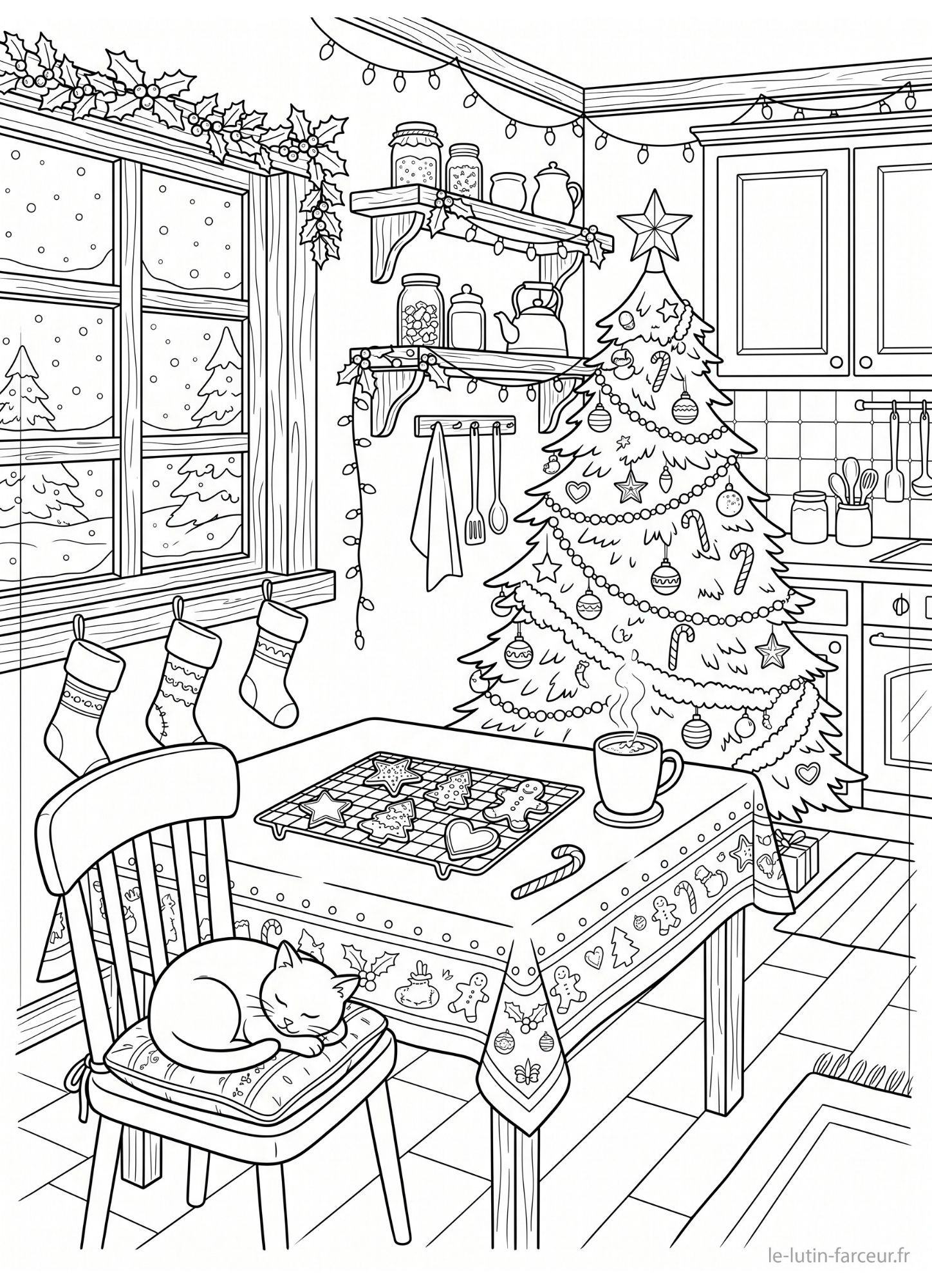 Coloriage de sapin de Noël dans une cuisine avec chat endormi