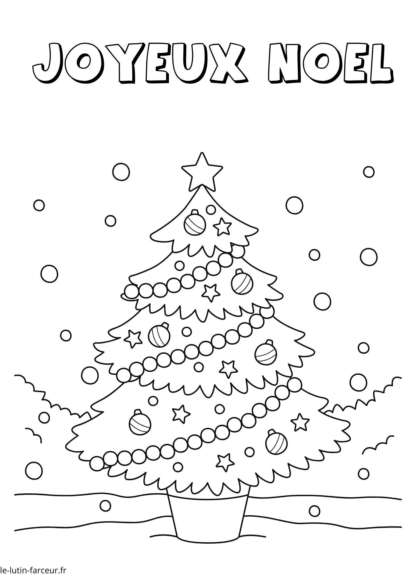 Coloriage de sapin de Noël en pot avec guirlandes, texte Joyeux Noël