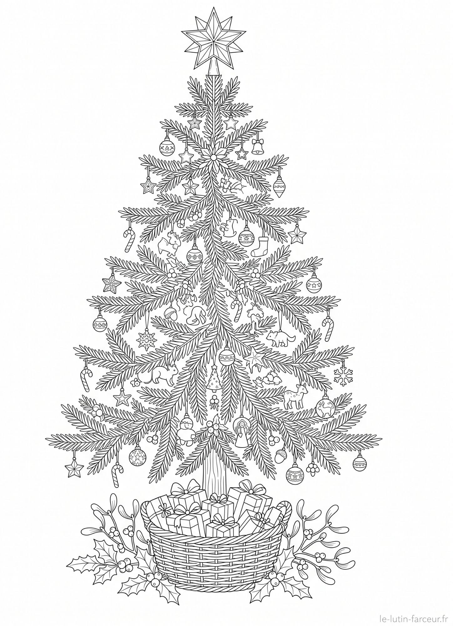 Coloriage de sapin de Noël réaliste dans un panier en osier