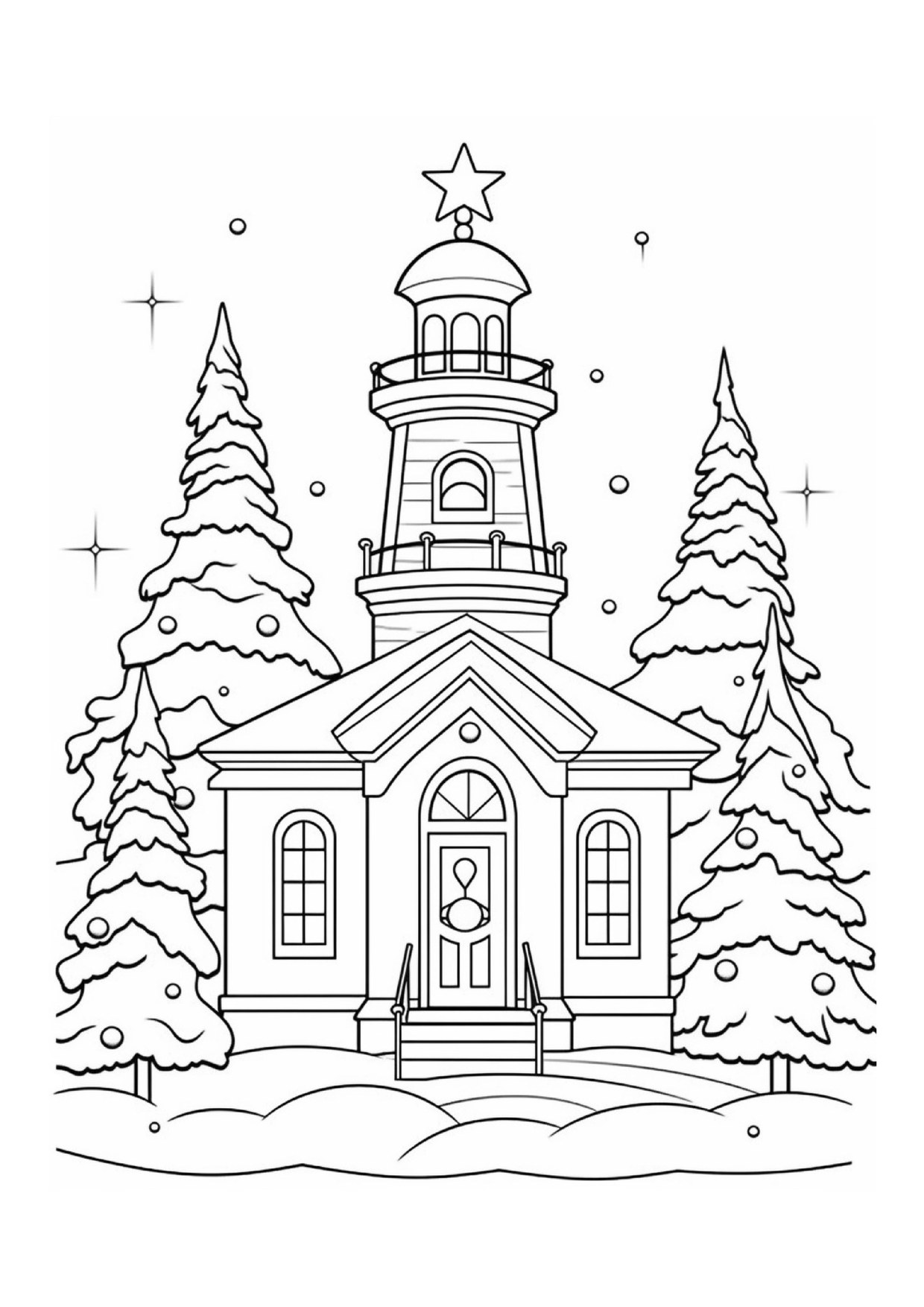 Coloriage de village de Noël : église enneigée avec sapins 2, à imprimer et colorier