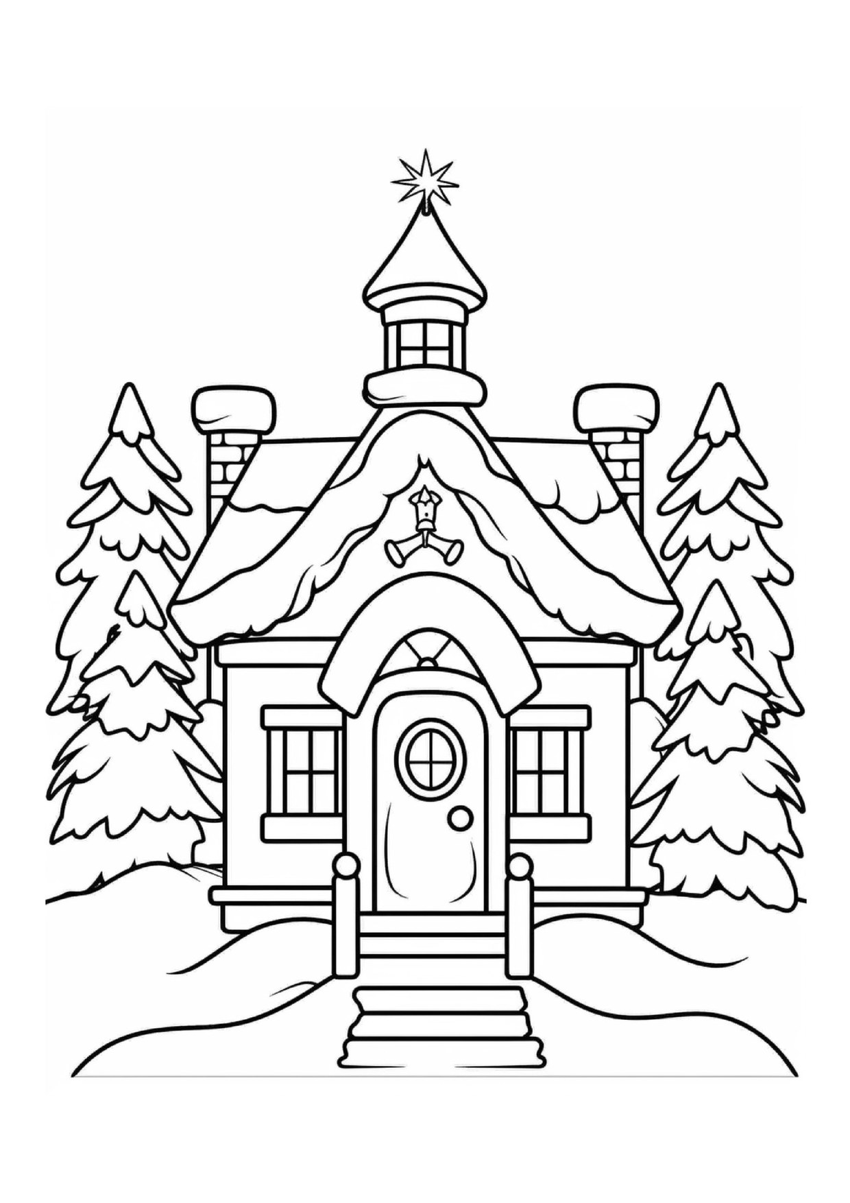 Coloriage de village de Noël : église enneigée avec sapins, à imprimer et colorier