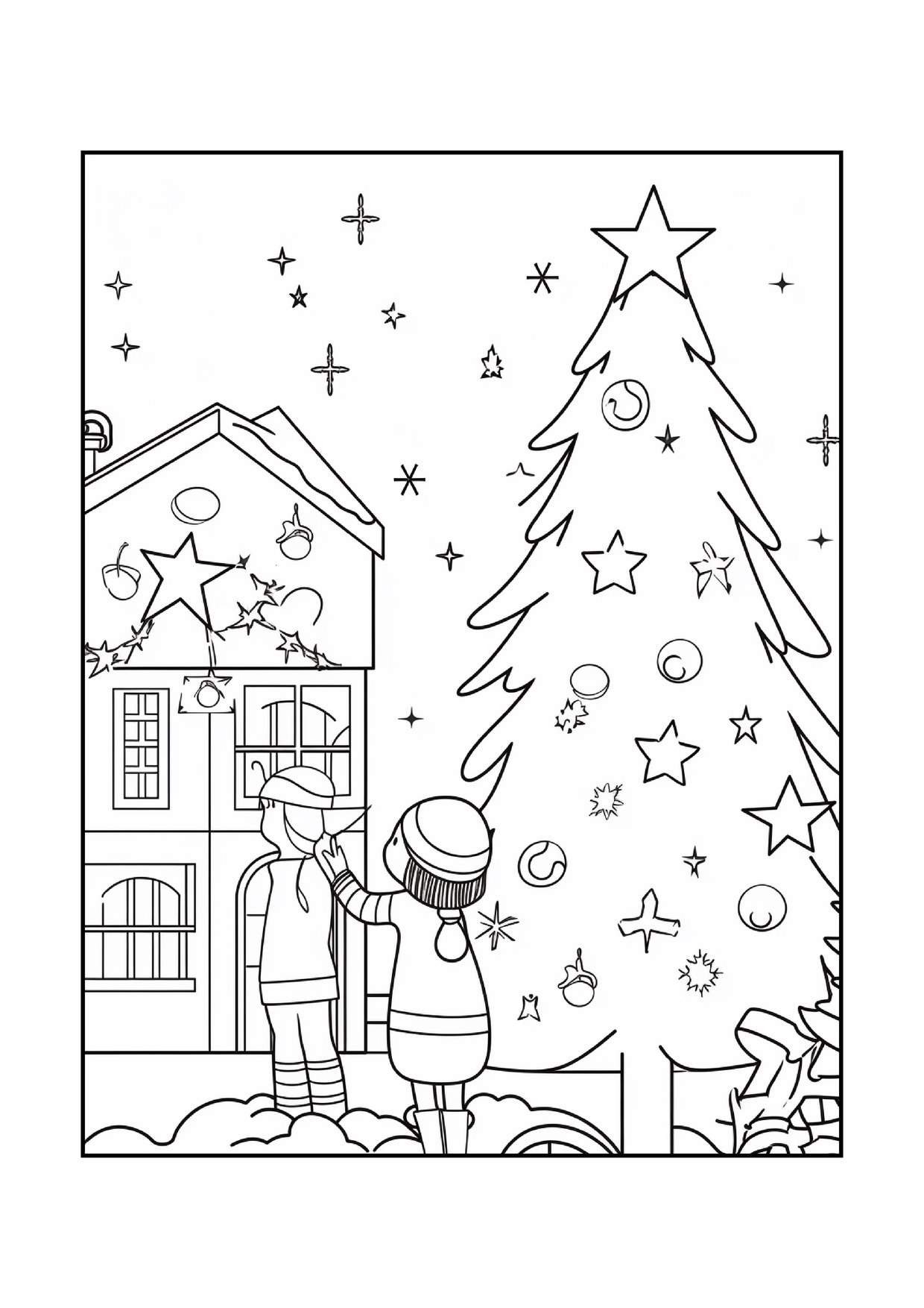 Coloriage de village de Noël : enfant maisons et sapins, à imprimer et colorier