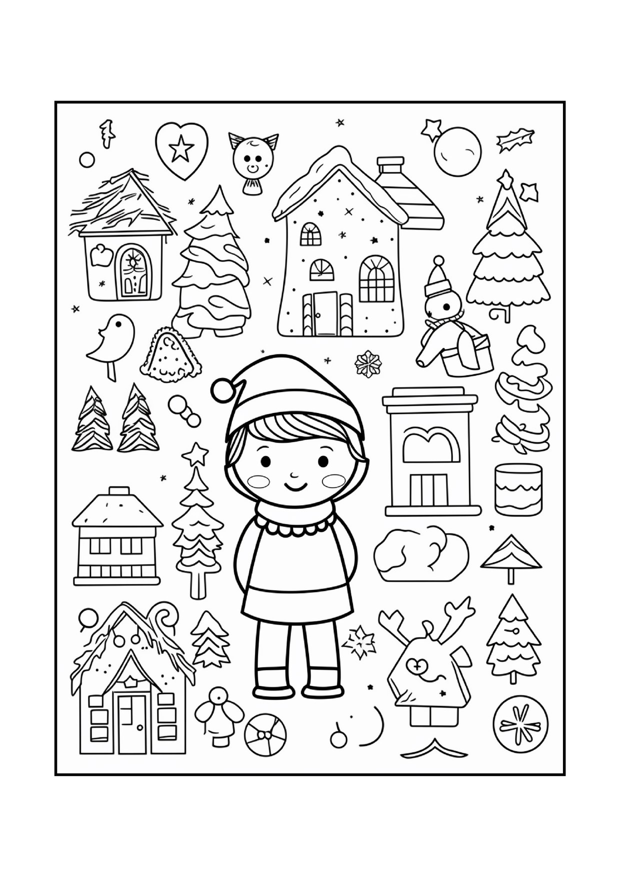 Coloriage de village de Noël : enfant maisons pain d'épice sapins, à imprimer et colorier