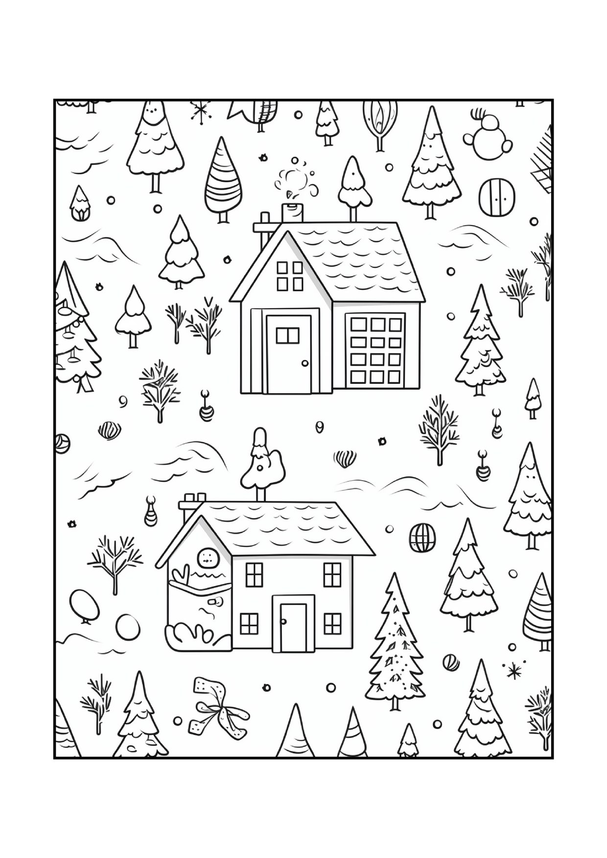 Coloriage de village de Noël : maison et sapins enneigés, à imprimer et colorier