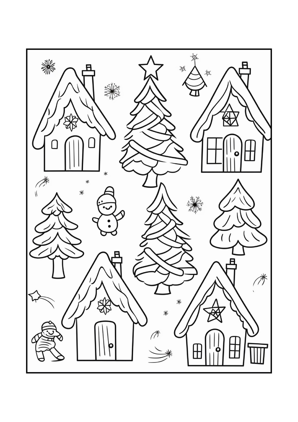 Coloriage de village de Noël : maisons et sapins enneigés, à imprimer et colorier