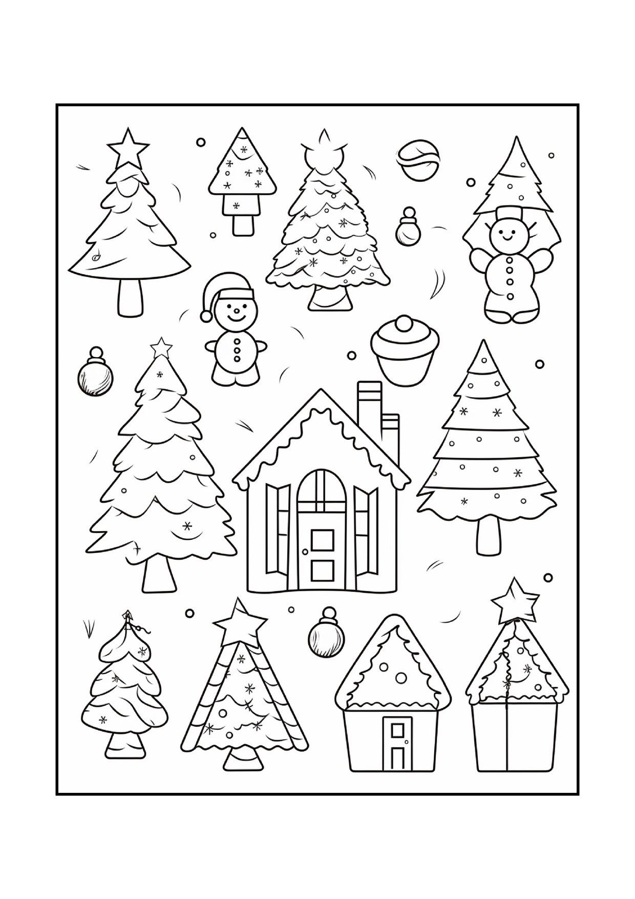 Coloriage de village de Noël : maisons pain d'épice et sapins 2, à imprimer et colorier