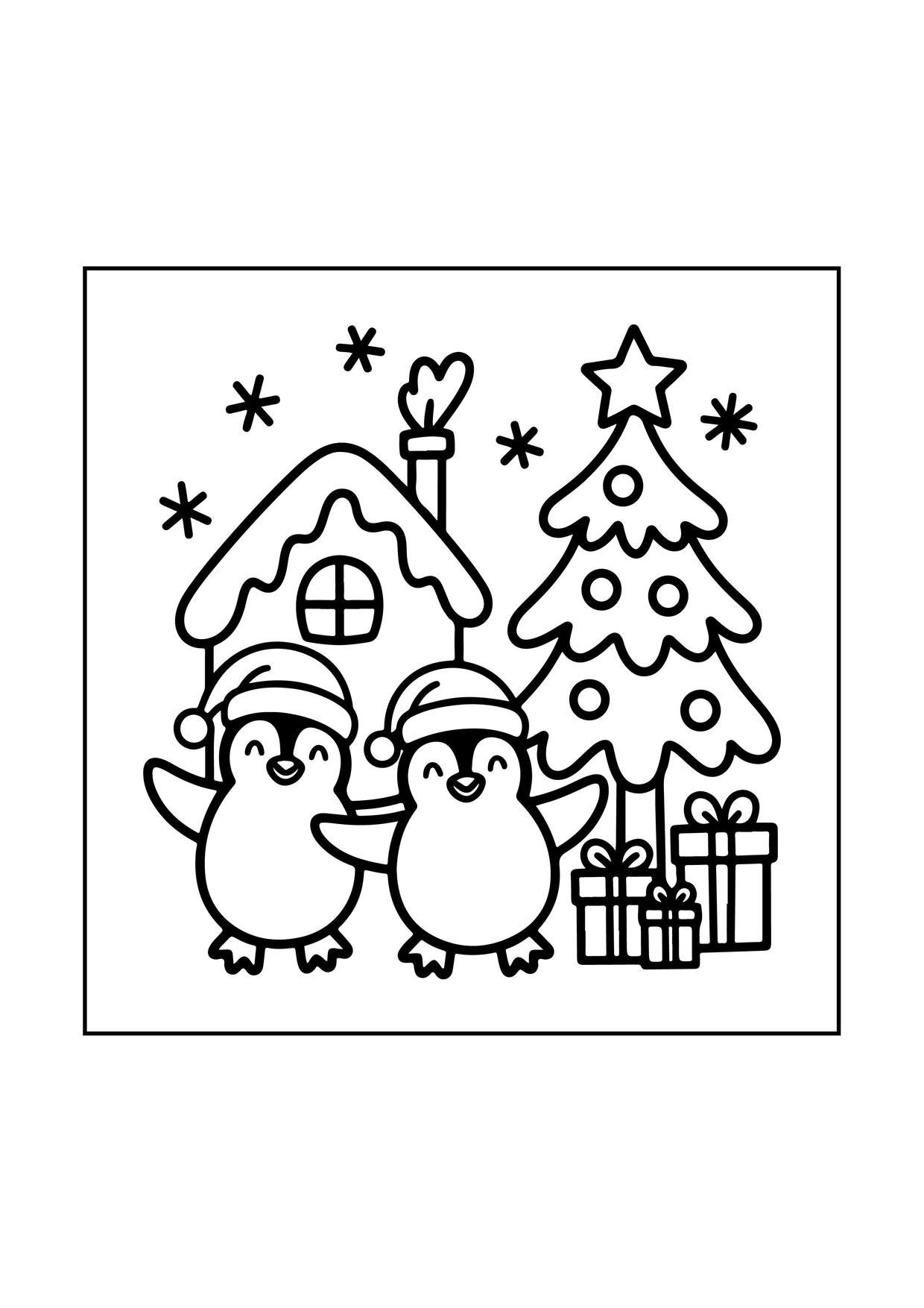 Coloriage de village de Noël : pingouins maisons sapin, à imprimer et colorier