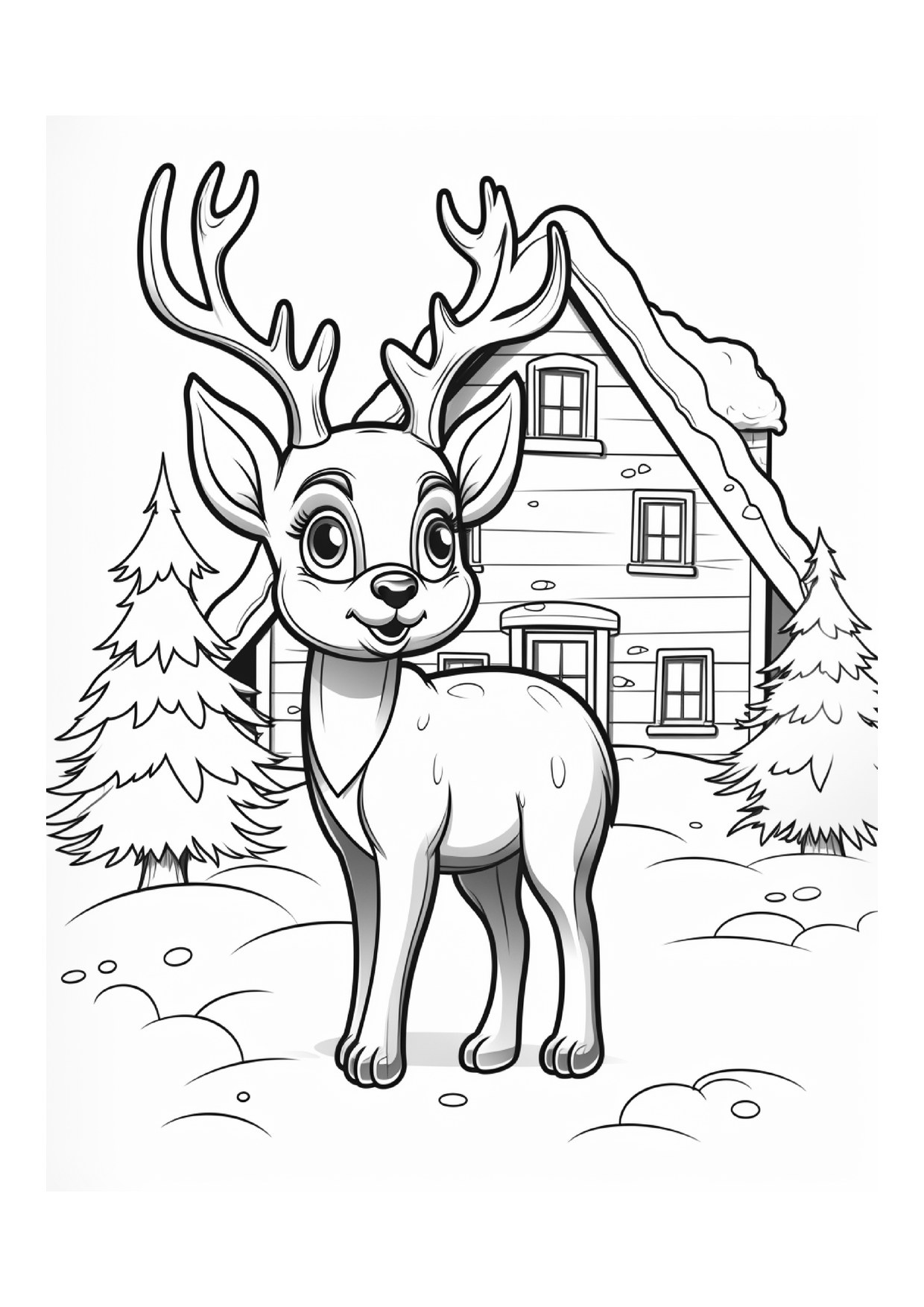 Coloriage renne maison neige