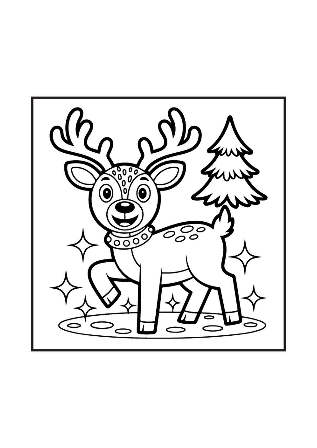 Coloriage renne mignon avec sapin