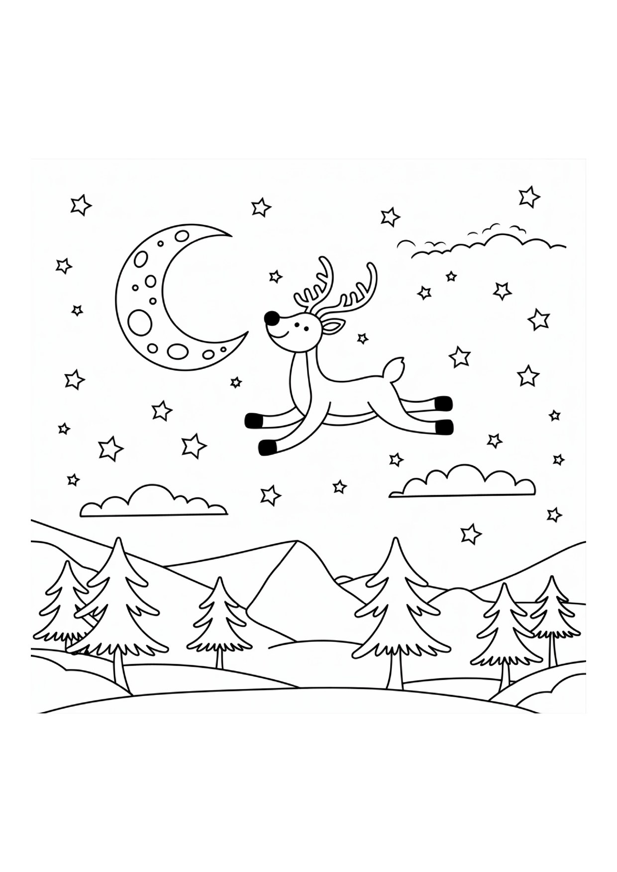 Coloriage renne saute lune paysage