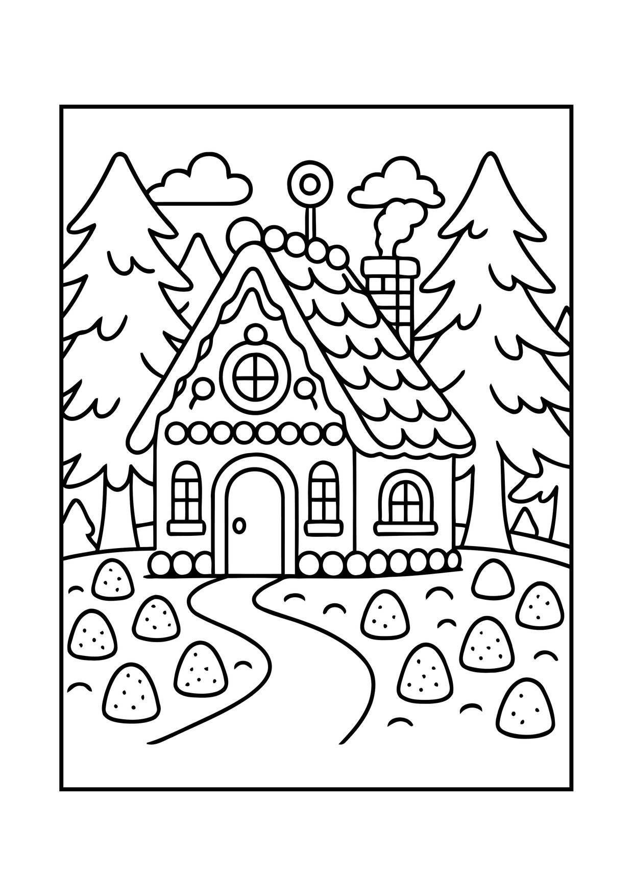 Coloriage de village de Noël : village enneigé maisons, à imprimer et colorier