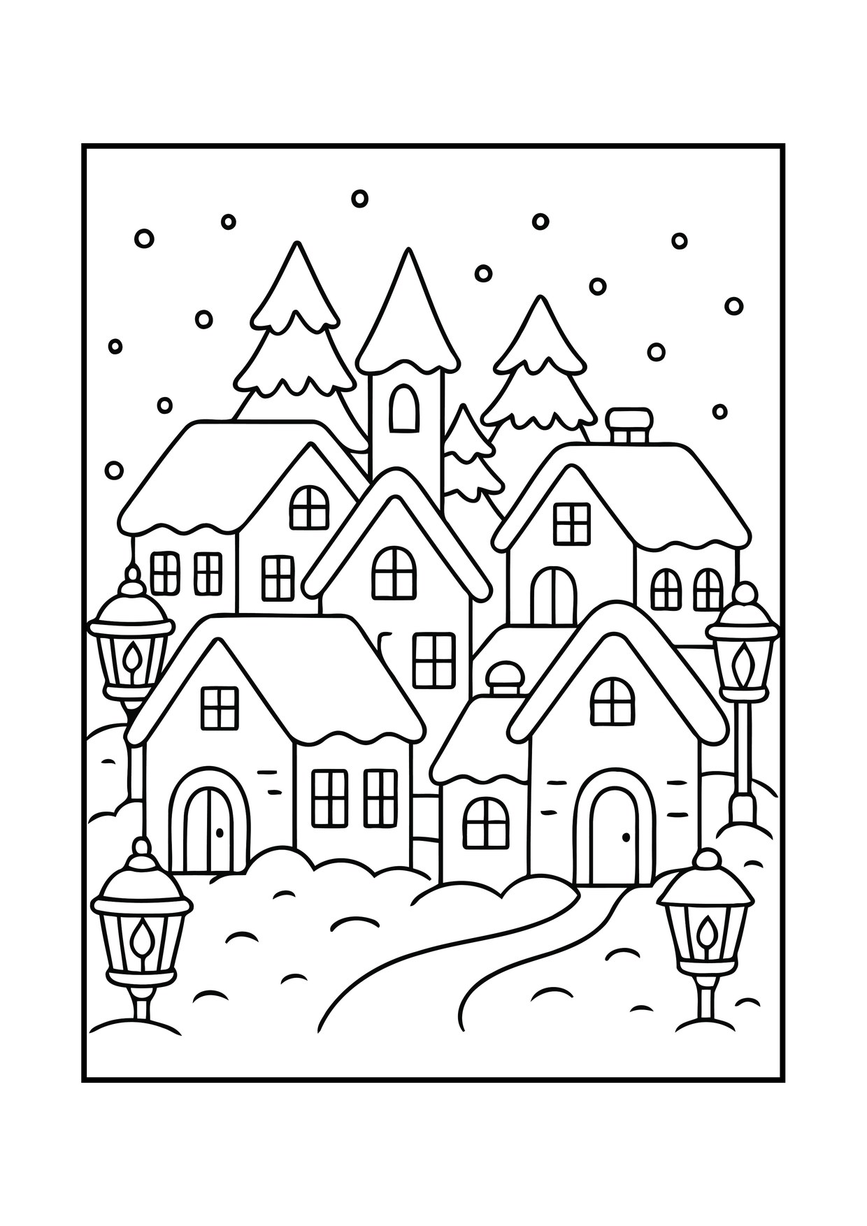 Coloriage de village de Noël : village enneigé nuit, à imprimer et colorier