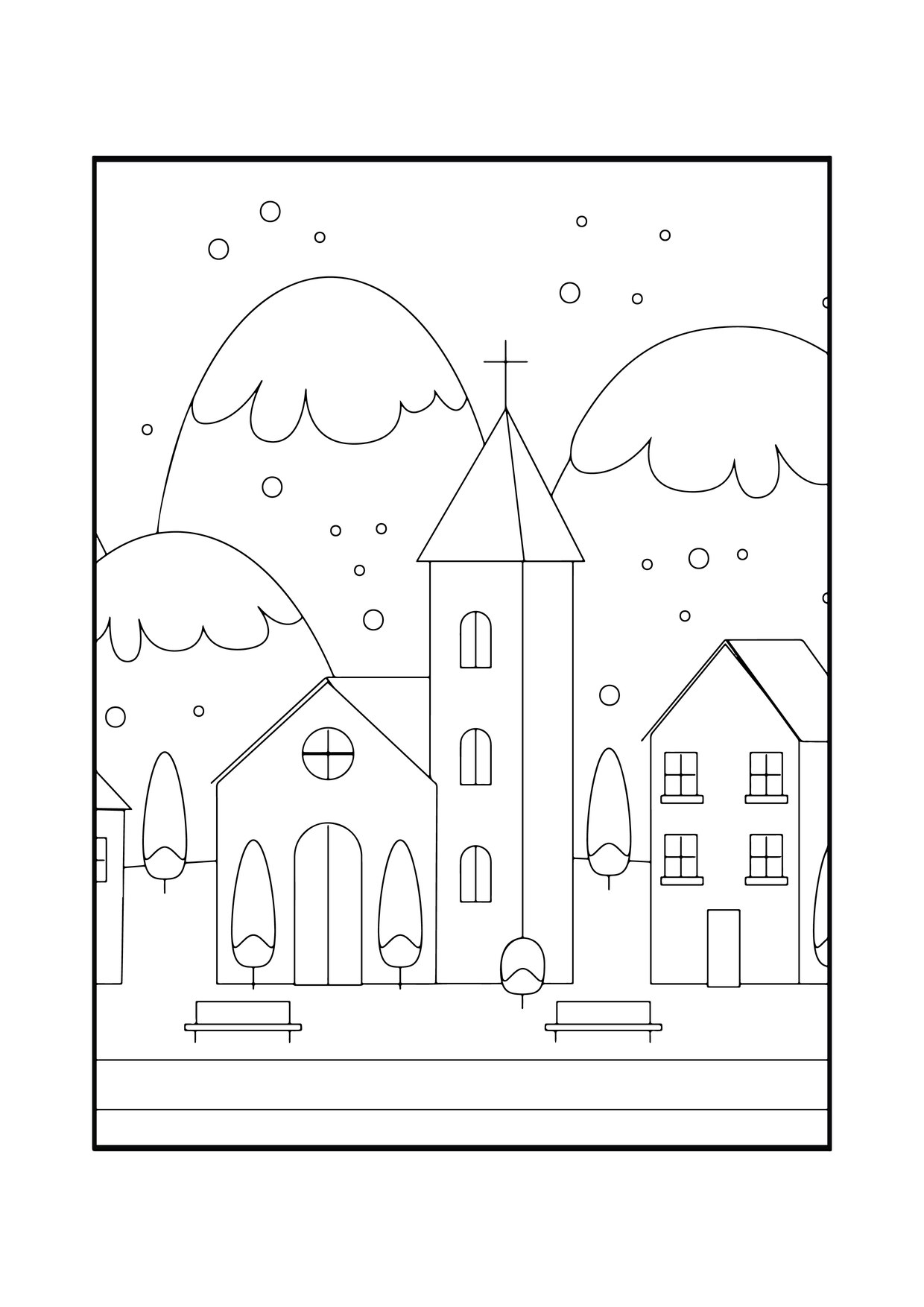 Coloriage de village de Noël : village maisons enneigées, à imprimer et colorier