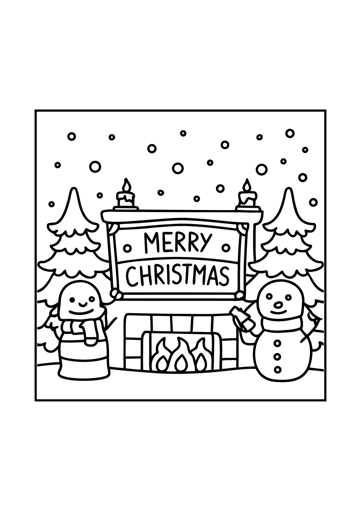 Coloriage de village de Noël : village Merry Christmas bonhomme neige, à imprimer et colorier